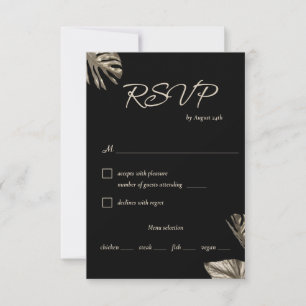 Cartão RSVP Casamento Botânico Moderno Preto e Dourado com Ref