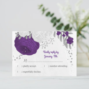Cartão RSVP casamento botânico prateado com flores brancas rox