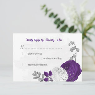Cartão RSVP casamento botânico prateado com flores brancas rox