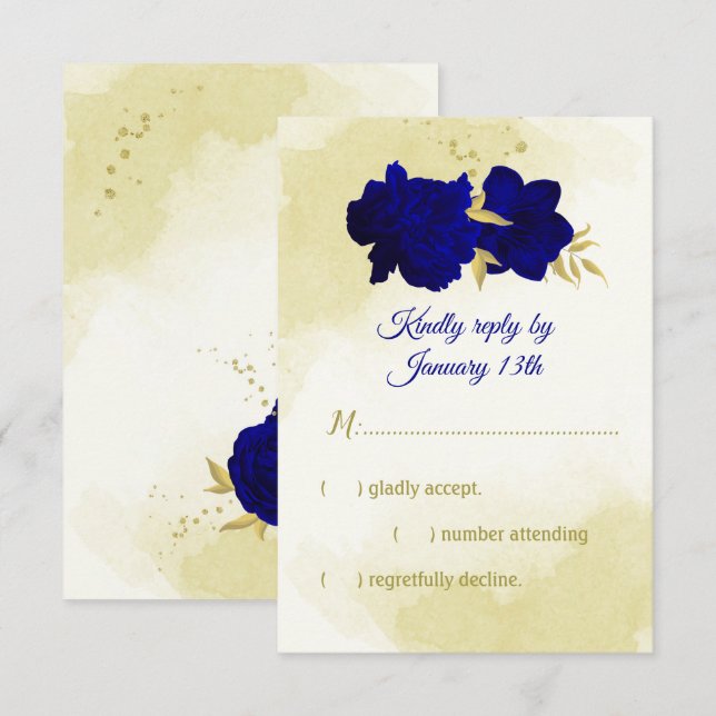 Cartão RSVP Casamento botânico real com flores azuis (Frente/Verso)