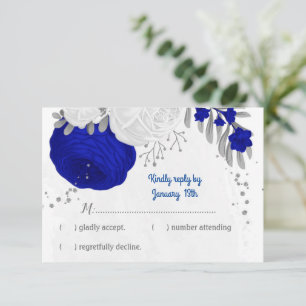 Cartão RSVP casamento botânico real com flores azuis e brancas