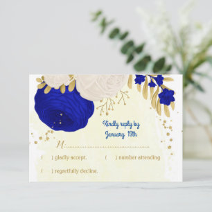 Cartão RSVP casamento botânico real com flores azuis e brancas