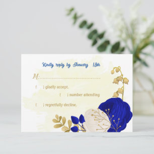 Cartão RSVP casamento botânico real com flores azuis e brancas