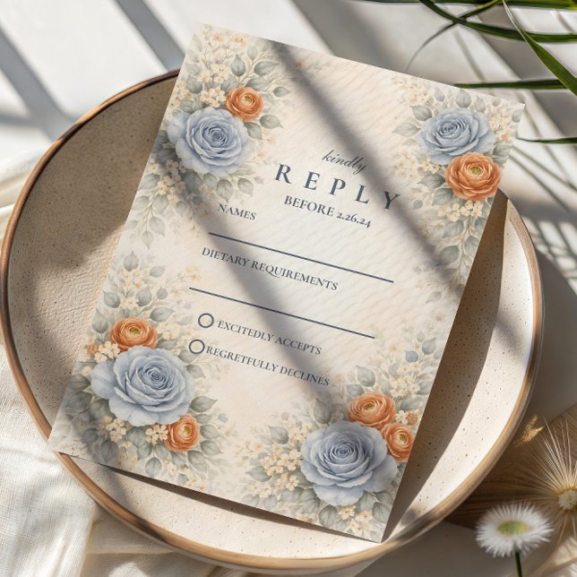Cartão RSVP Casamento Botânico Rosa Azul (Criador carregado)