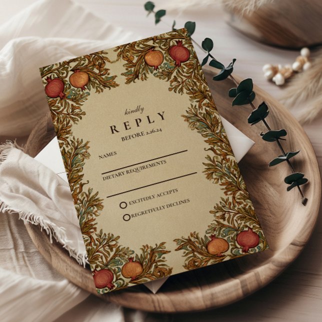 Cartão RSVP Casamento Botânico Rústico de Romã (Criador carregado)