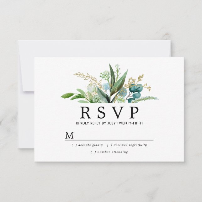 Cartão RSVP Casamento Botânico Verde Branco e Dourado (Frente)