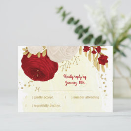 Cartão RSVP casamento botânico vermelho-escuro e flores branca