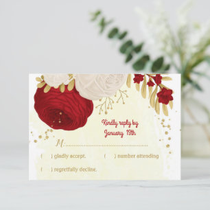 Cartão RSVP casamento botânico vermelho-escuro e flores branca