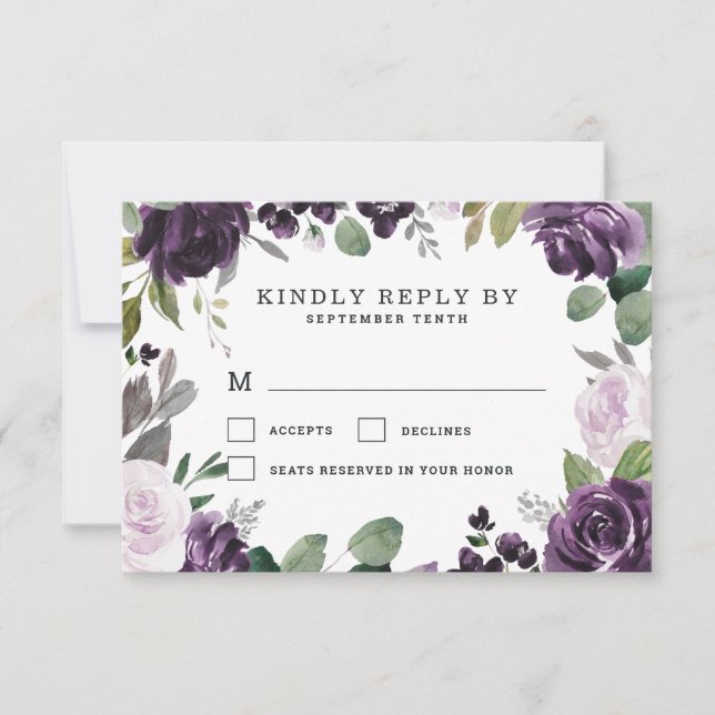 Cartão RSVP Casamento Branca Floral Elegante Roxo e Prata (Frente)