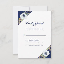Cartão RSVP Casamento Branco Azul Anemone Floral Monograma