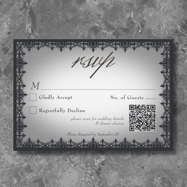 Cartão RSVP Casamento Branco da Fronteira de Ferro Gótico Vito (Victorian Gothic Iron Border White Wedding QR RSVP Card)