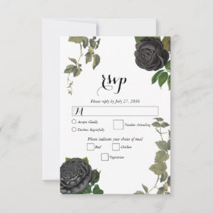 Cartão RSVP Casamento Branco de Rosas Negras do Halloween Góti