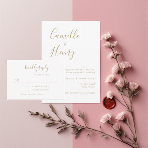 Cartão RSVP Casamento Branco Dourado Manuscrito Moderno e Mini