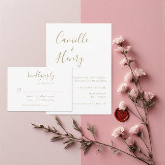 Cartão RSVP Casamento Branco Dourado Manuscrito Moderno e Mini