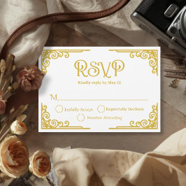 Cartão RSVP Casamento Branco Dourado Vintage 