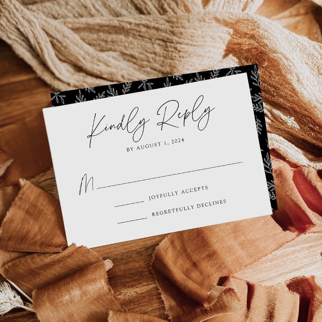 Cartão RSVP Casamento Branco e Negro Botânico Moderno (Criador carregado)