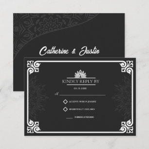 Cartão RSVP Casamento Branco e Negro em Deco de Arte Moderna