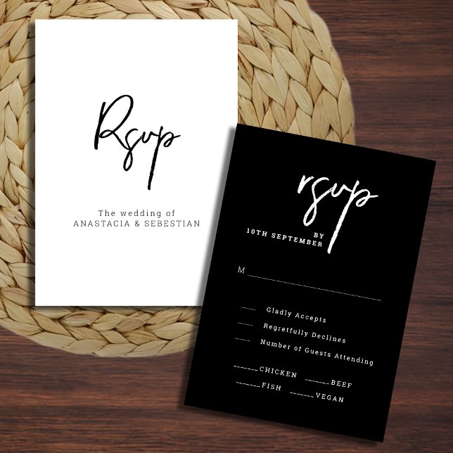 Cartão RSVP Casamento Branco e Preto Chic com Script Elegante (Elegant Script Chic Black and White Wedding RSVP Card)