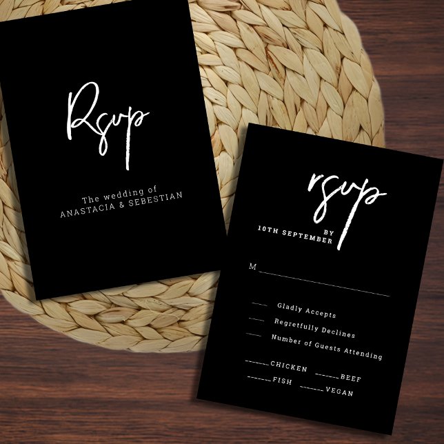 Cartão RSVP Casamento Branco e Preto com Chic Script Moderno (Modern Script Chic Black and White Wedding RSVP Card)