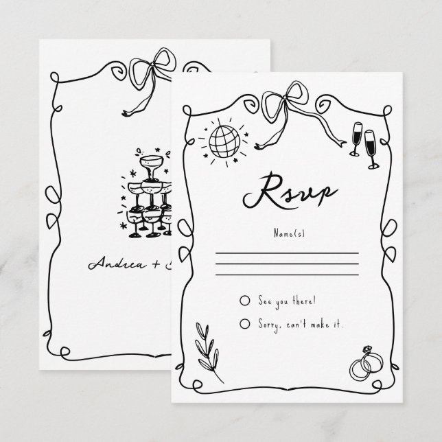 Cartão RSVP Casamento branco e preto desenhado na mão (Frente/Verso)