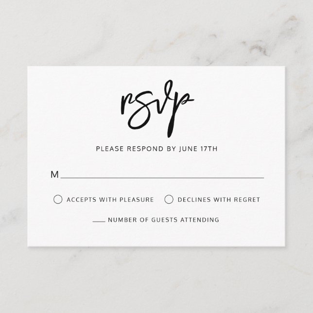 Cartão RSVP Casamento Branco Negro de Script Contemporâneo Mod (Frente)