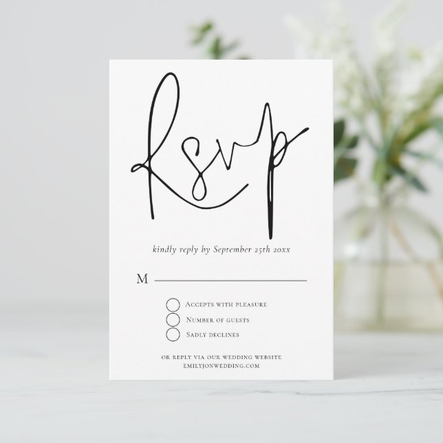 Cartão RSVP Casamento Branco Negro de Script Elegante (Em pé/Frente)