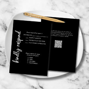 Cartão RSVP Casamento Branco Negro de Script Formal Elegante