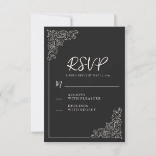 Cartão RSVP Casamento Branco Negro Elegante Vintage