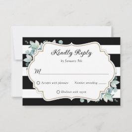 Cartão RSVP Casamento Branco Negro Eucalyptus Elegante