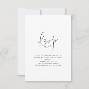 Cartão RSVP Casamento Branco Preto com Código QR de Script Min