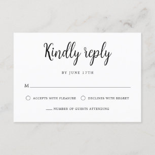 Cartão RSVP Casamento Branco Preto com Letra Mão Elegante