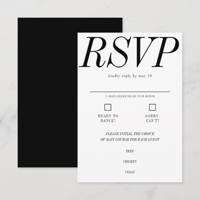 Cartão RSVP Casamento branco-preto com tipografia ultra-mínima (Frente/Verso)