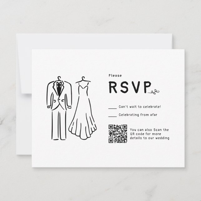 Cartão RSVP Casamento branco preto desenhado à mão por código  (Frente)