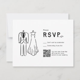 Cartão RSVP Casamento branco preto desenhado à mão por código 