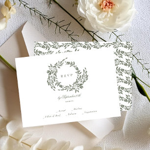 Cartão RSVP Casamento Branco Verde-Branco-Wreath