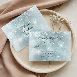 Cartão RSVP Casamento Brilho Prata Horizontal Azul Claro
