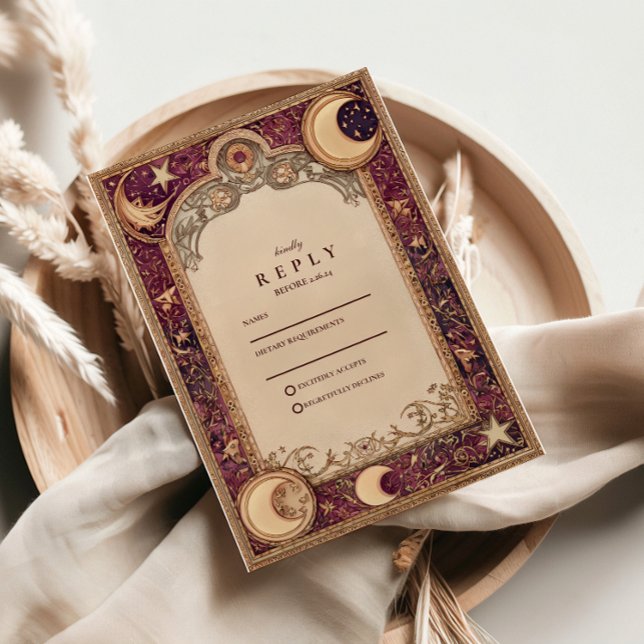 Cartão RSVP Casamento Burgundy Celestial Moon (Criador carregado)