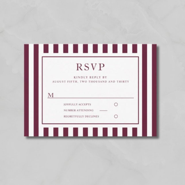Cartão RSVP Casamento Burgundy Listras Modernas  (Modern Stripes Burgundy Wedding RSVP Card)