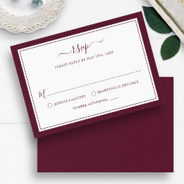 Cartão RSVP Casamento Burgundy Minimalista Elegante Borda Scri