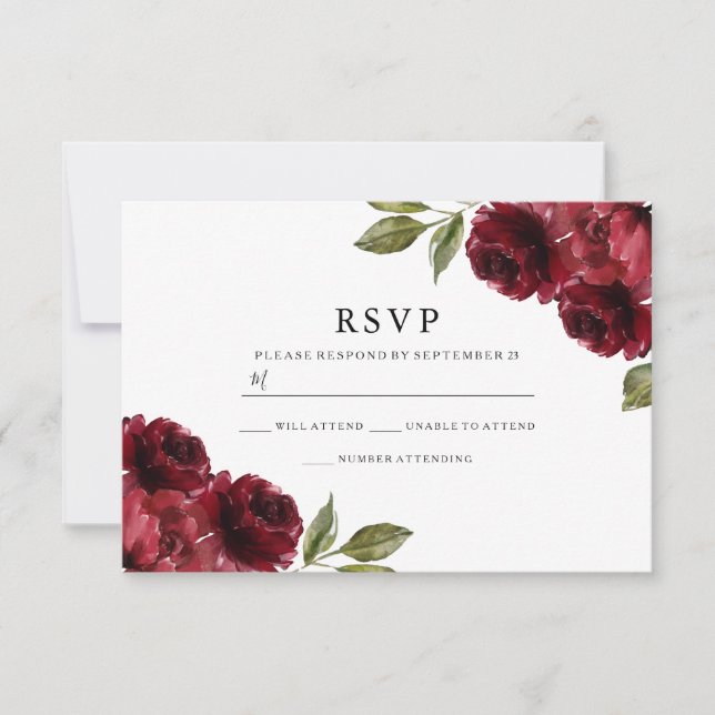 Cartão RSVP Casamento Burgundy Red Flowers Belo Elegante (Frente)