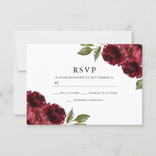 Cartão RSVP Casamento Burgundy Red Flowers Belo Elegante