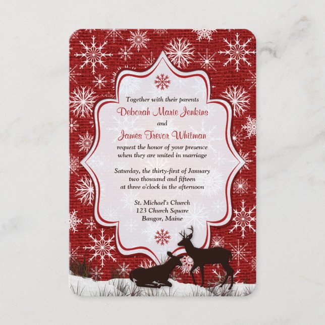 Cartão RSVP Casamento | Burlap Vermelho Rústico | Flocos de Ne (Frente)