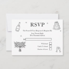 Cartão RSVP Casamento Caprichos Desenhos Cinza e Branco