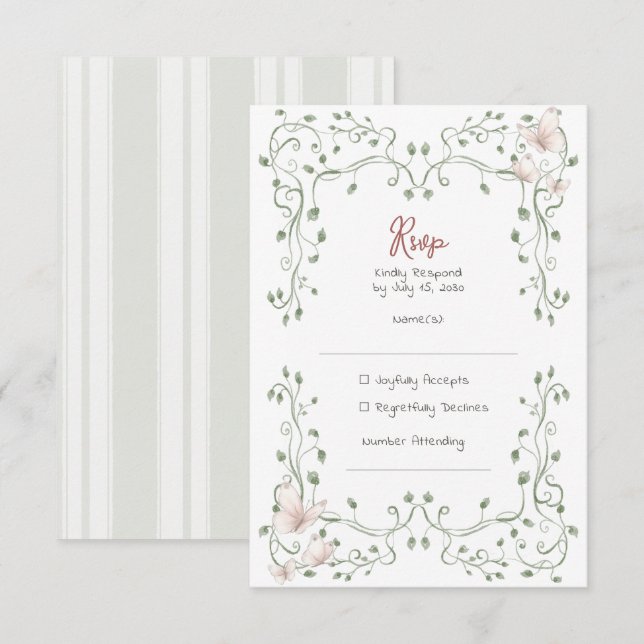 Cartão RSVP Casamento Caprichoso com Verde Oliva (Frente/Verso)