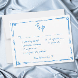 Cartão RSVP Casamento Caprichoso Coração Desenhado à Mão Azul 