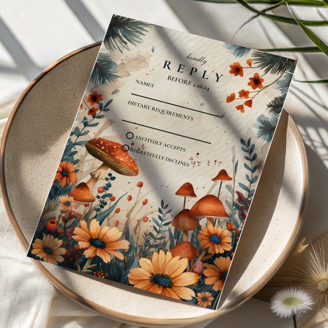 Cartão RSVP Casamento Caprichoso no Bosque de Cogumelos (Criador carregado)