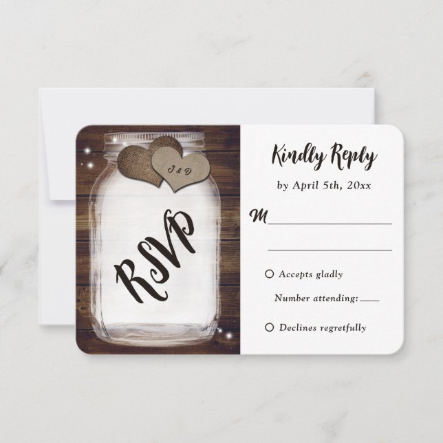 Cartão RSVP Casamento Cardíaco Mason Jar Rustic Country Wood B (Frente)