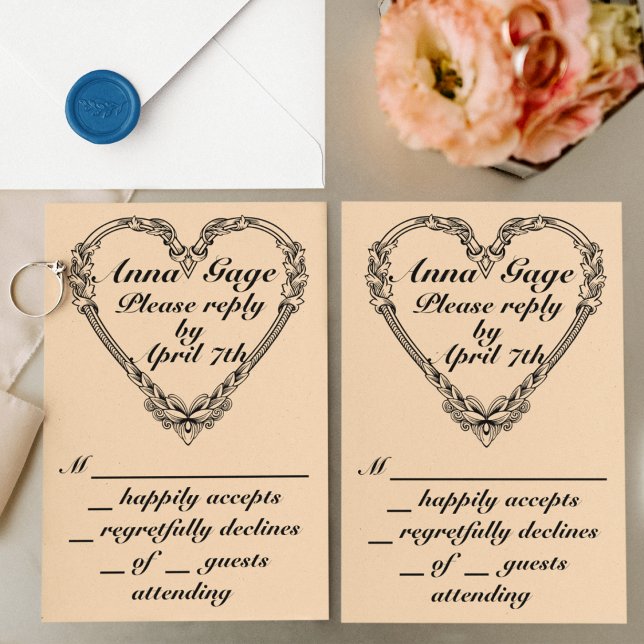 Cartão RSVP Casamento Cardíaco Vitoriano Sepia-Toned (Criador carregado)