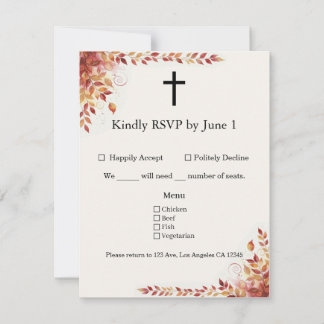 Cartão RSVP Casamento Católico de Outono em Vermelho e Dourado