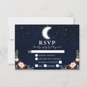 Cartão RSVP Casamento Celestial Azul Céu Lua Estrelas Refeição